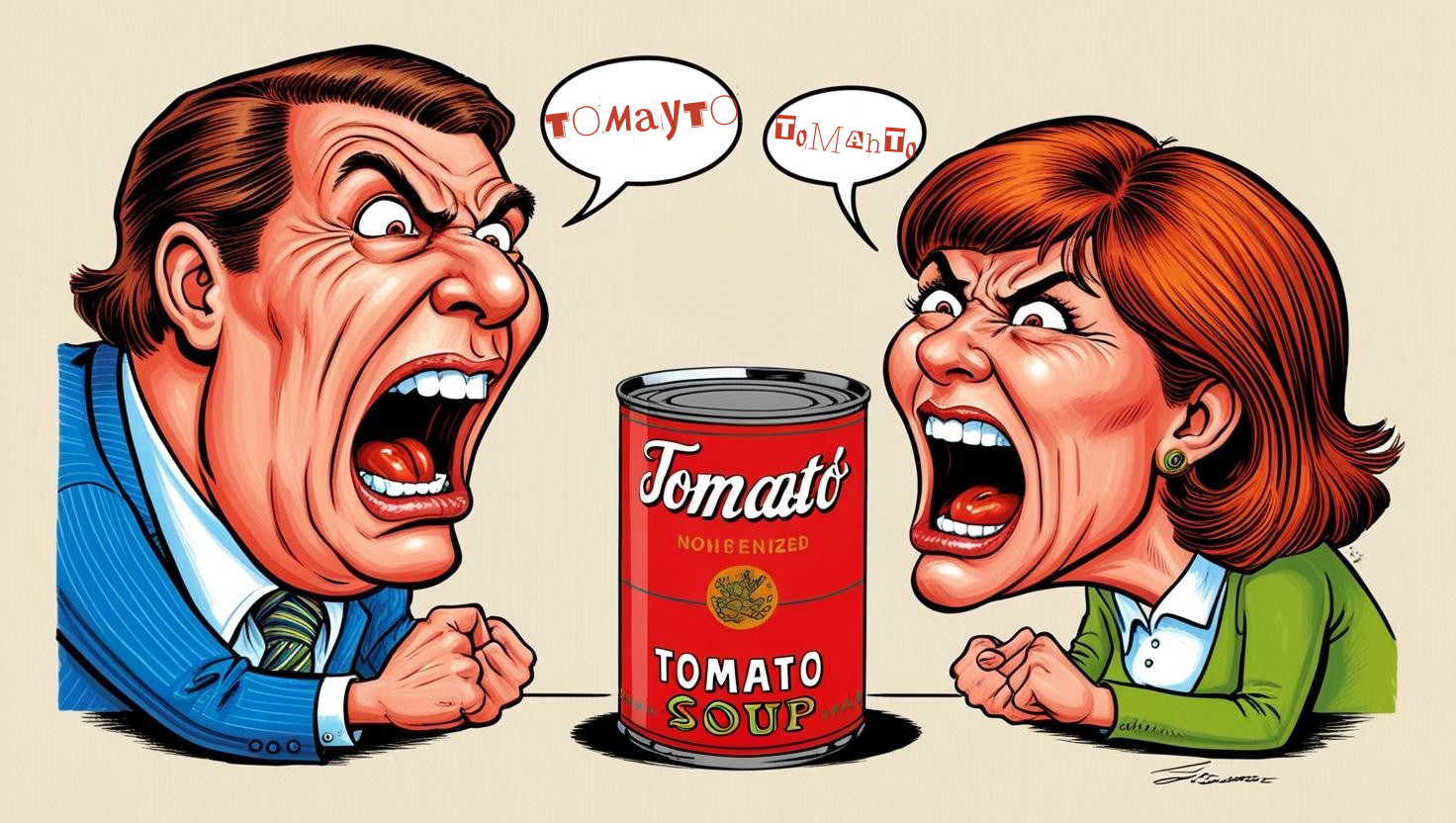 Two people in characicture drawings yelling at a can of tomato soup. One has the pronunciation 'tomayto' the other 'tomahto'.