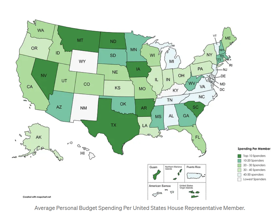 A map of the United States with a gradient showing the states that have top ten spenders. The states with the highest are Texas, Nevada, Montana, North Dakoata, Iowa, Arkansas, and South Carolina, in no particular order.