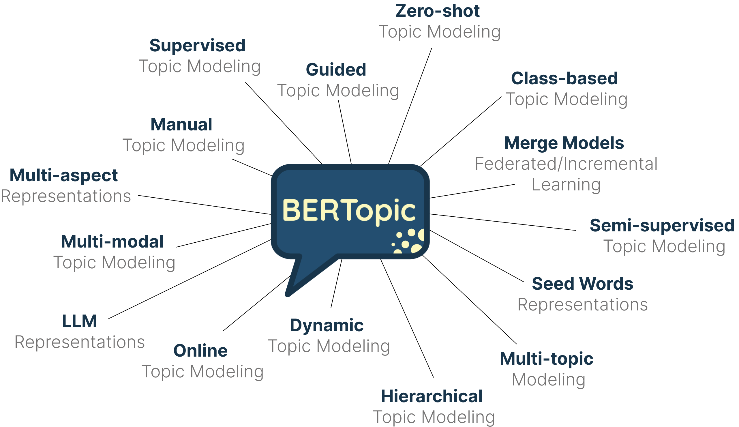 A speech bubble describing the capabilities of BERTopic.