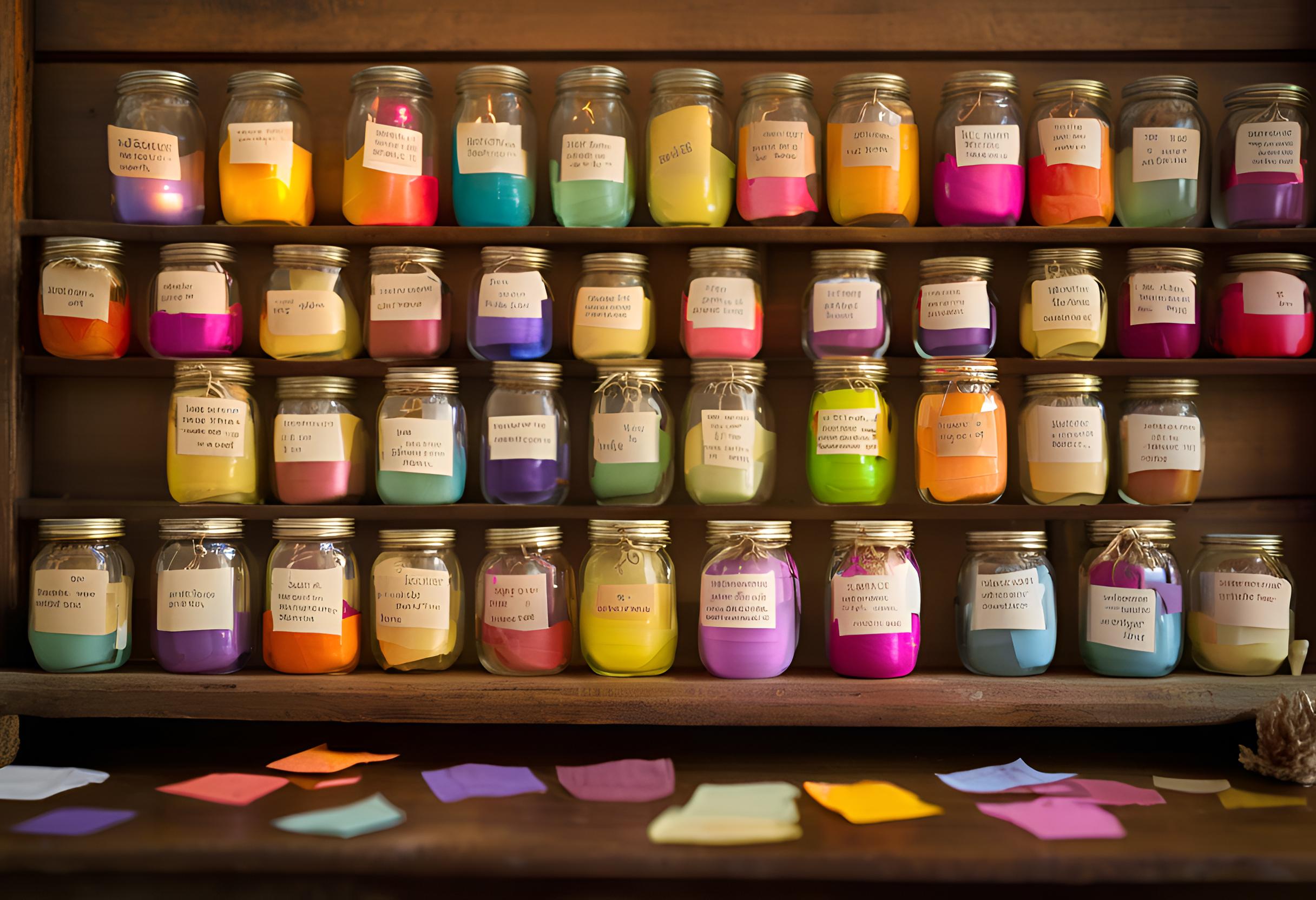 A set of jars full of words and powders